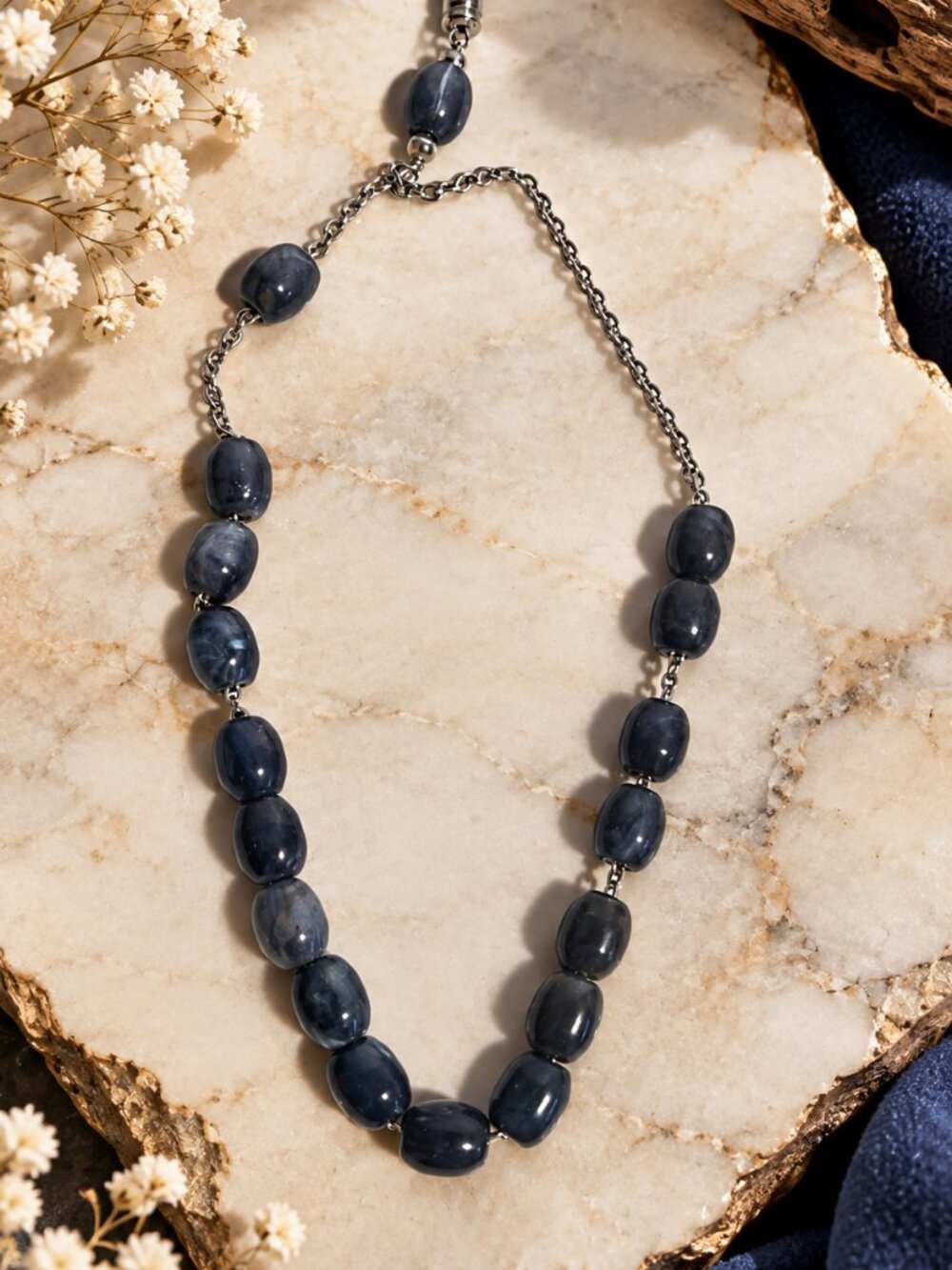 Blue Gray Beaded Silver Tone Chain Necklace